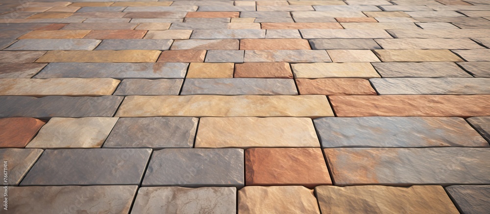 Aufkleber detailed close up view of a stone floor featuring bright red and yellow tiles in an intricate patter