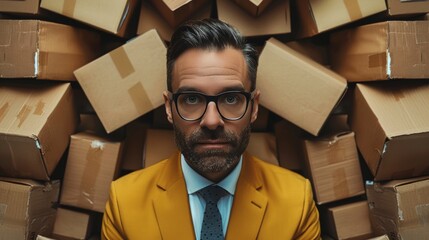 A man in a suit and tie surrounded by cardboard boxes, AI - obrazy, fototapety, plakaty