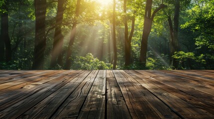 Dark wood floor with background with sunlight and forest 