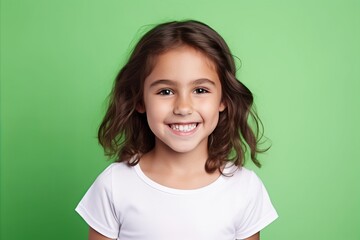 Portrait of a smiling little girl on a green background with copy space