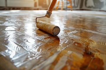 Lacquering wood floors. Worker uses a roller to coating floors. Varnishing lacquering parquet floor by paint roller - second layer. Home renovation parquet - obrazy, fototapety, plakaty