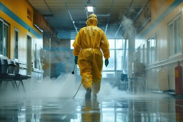 Cleaning Worker Disinfecting Hospital - obrazy, fototapety, plakaty