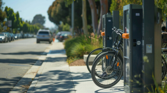 Closeup of a bikesharing station providing a sustainable transportation option for residents and reducing air pollution from cars.