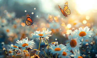 Obraz na płótnie Canvas Butterflies over sunlit daisy landscape