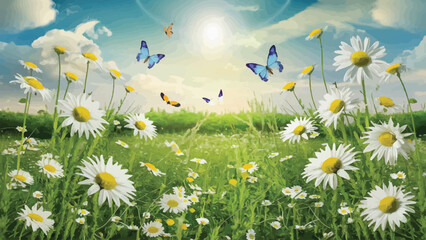 Radiant Meadow Bliss: Dancing Butterflies & Chamomile in Summer Splendor - Vibrant Vector Illustration
