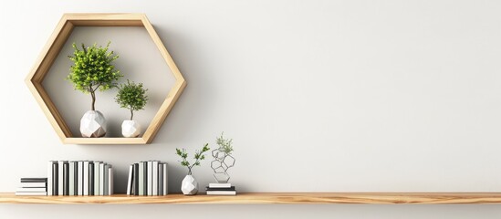 Wooden hexagon shelf featuring small tree, books, decorative items, and blank space for customization - mockup of hexagonal design. - obrazy, fototapety, plakaty