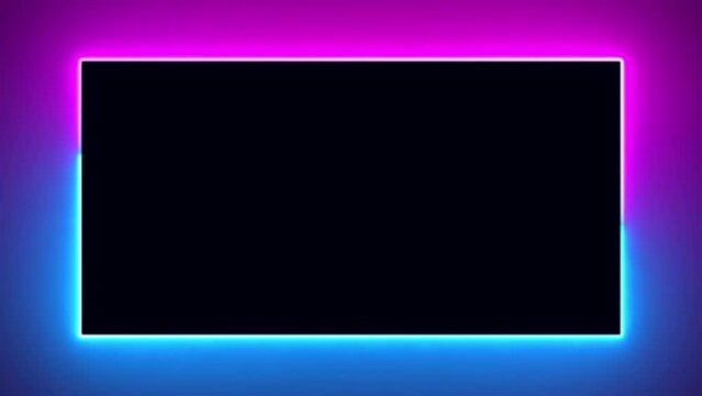 Abstract blue pink neon glowing line frame, animated moving led light screen box projection 3d rendering, empty space border presentation design background, futuristic laser sprectrum backdrop