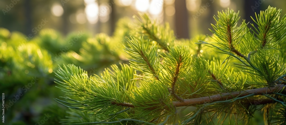 Poster the sun shines through the dense forest, casting a warm glow on the pine tree branches and creating 