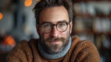 A man with glasses and a sweater is smiling, AI