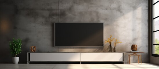 A view of a modern TV on a sleek stand placed in a room next to a green potted plant, creating a cozy corner