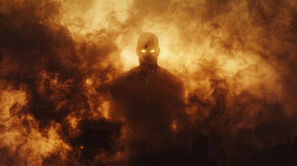 The silhouette of a menacing figure emerging from a cloud of ash and smoke their eyes glowing with malicious intent.