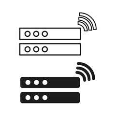 Server rack with wireless signals. Networking equipment icon. Vector illustration. EPS 10.