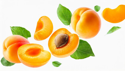 Apricot with half slices apricots falling or flying in the air with green leaves isolated on white background. Generative AI. - 766713242