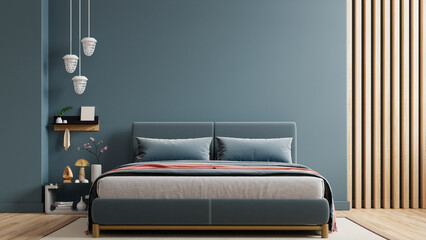 Dark bed and mockup dark blue wall in bedroom interior - 766713271