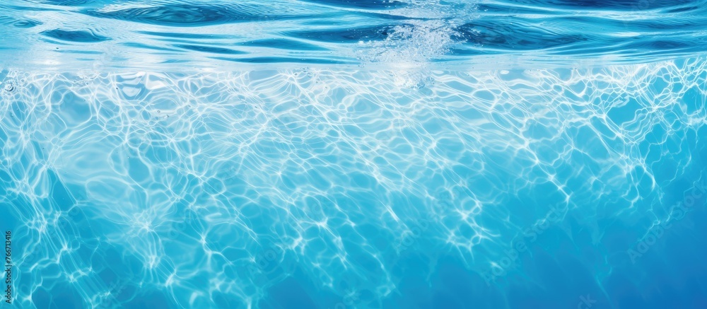 Poster a detailed view of a wave rippling through the water in a swimming pool, creating a mesmerizing patt