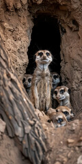 A family of meerkats hiding in a hollow log