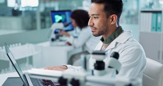 Laptop, man or scientist with microscope or research in lab for a chemistry report or medical test feedback. Bacteria, person typing or science update for online medicine development news on website