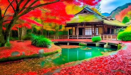 japanese garden in autumn, Wall Art for Home Decor, Wallpaper and Background for Mobile Cell Phone, Smartphone, Cellphone, desktop, laptop, Computer, Tablet