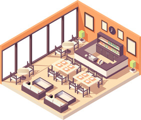Restaurant isometric illustration interior design insider with furniture 