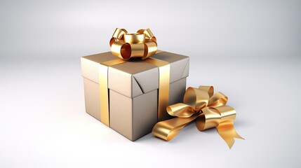 Gold gift box with gold ribbon isolated on white Background. 3d Illustration concept of gift box