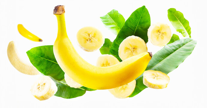 Bananas with half slices banana falling or flying in the air with green leaves isolated on white background. Generative AI