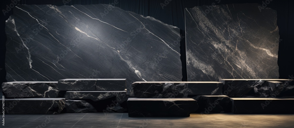 Poster several rectangular blocks of black marble are placed on top of a surface