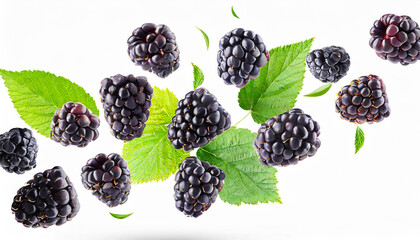 blackberries falling or flying in the air with green leaves isolated on white background....