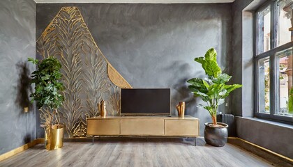 Tv cabinet, gray and gold detailed walls, modern plant. Modern and minimalist looking