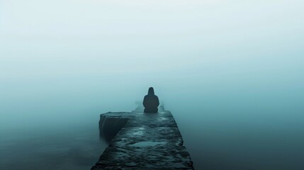 A person sitting on a pier in the middle of fog, AI - obrazy, fototapety, plakaty