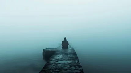 Schilderijen op glas A person sitting on a pier in the middle of fog, AI © starush