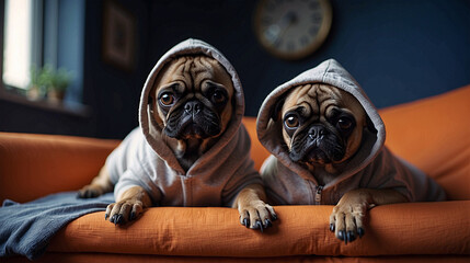 pugs in hooded clothes sitting on an orange sofa - obrazy, fototapety, plakaty