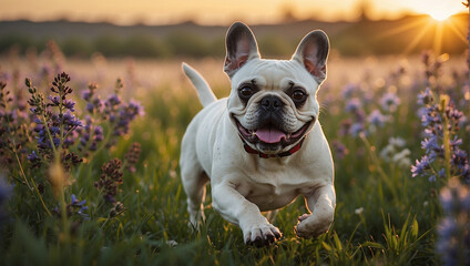 Fototapeta premium cute cheerful french bulldog running through a field with flowers