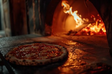 A freshly baked artisanal pizza with golden-brown melted cheese and a variety of toppings sits on the edge of a rustic brick oven.  - obrazy, fototapety, plakaty
