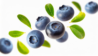 blueberries falling or flying in the air with green leaves isolated on white background. Generative AI