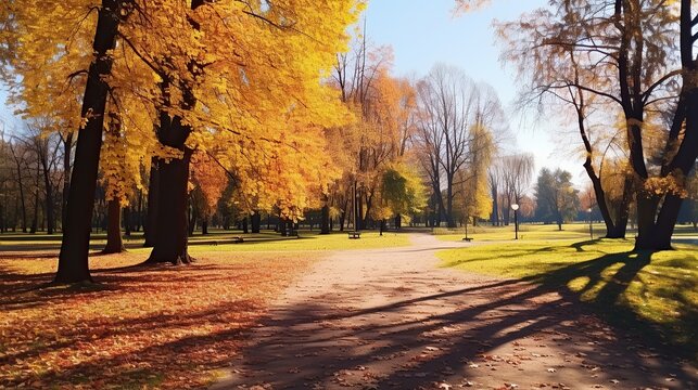 View of a wide park in autumn with trees and golden autumn leaves on a sunny day. Create a calm and comfortable atmosphere