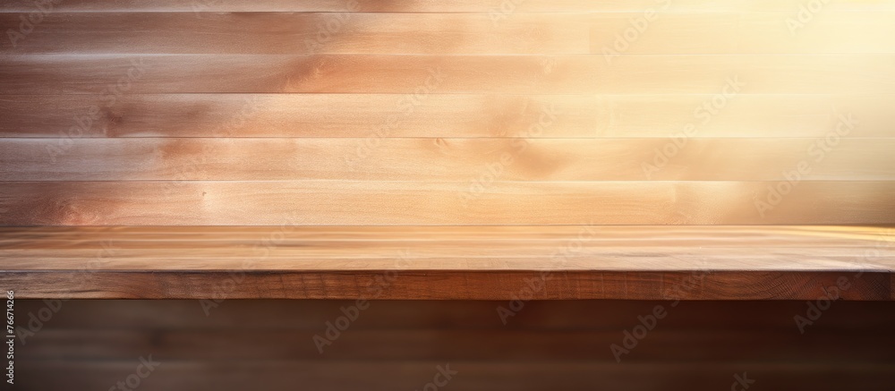 Poster a wooden shelf with a smooth surface is displayed against a blurry backdrop, adding a touch of warmt