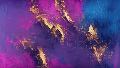 Abstract dark blue and magenta texture with gold inclusions background. Digital Illustration imitating oil painting on canvas - obrazy, fototapety, plakaty
