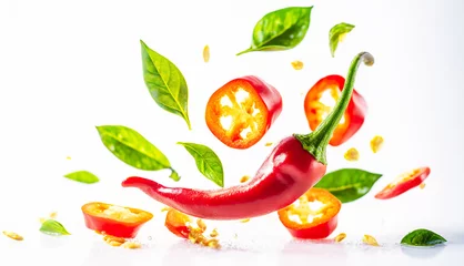 Keuken spatwand met foto Red hot chilli peppers with half slices chili falling or flying in the air with green leaves isolated on white background. Generative AI © Hulinska Yevheniia