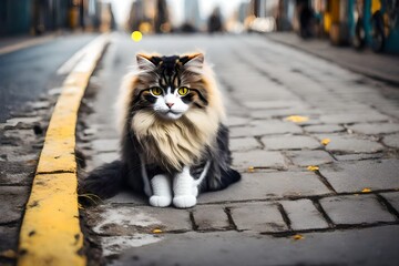On the urban road there sits a fluffy cat without a home adorned with a coat of black and white fur...