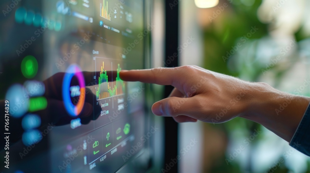 Poster a hand reaches in to swipe a sleek touchscreen interface on a home energy storage unit showing a gra