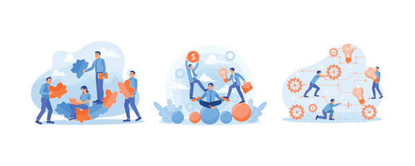 Teamwork in solving problems. Balance between ideas, time and work. Entrepreneur connects ideas and work. Teamwork concept. Set flat vector illustration.