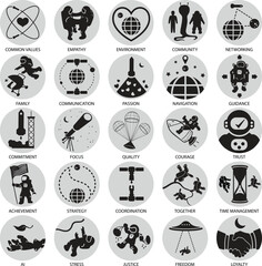 Core values in space. Astronaut integrity and living in space icon set in a vector group.