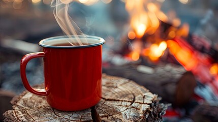 Two cup of tea coffee mug standing front of bonfire wallpaper background - obrazy, fototapety, plakaty