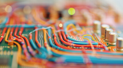 A section of a breadboard with colorful wires of varying thickness connecting different components dots of conductive paint acting as bridges between the leads of a transistor - obrazy, fototapety, plakaty