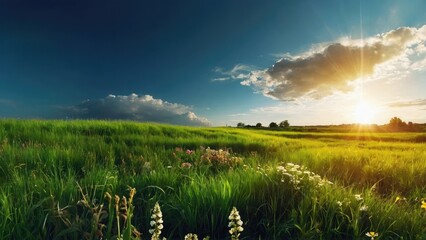 Obraz na płótnie Canvas Sunset over field, Beautiful grass landscape wallpaper, a blue sky with sun. colorful flower, Spring-summer blurred background, colorful flower and grass wallpaper, lens flare,