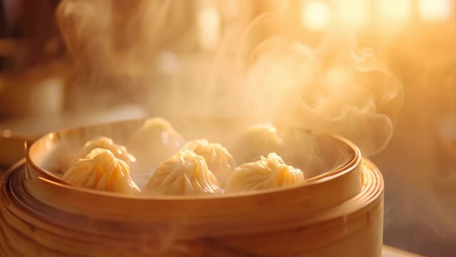 Piping hot delicious bamboo steamer,Steaming Dim Sum Bamboo Steamer, Chinese steamed dumplings,