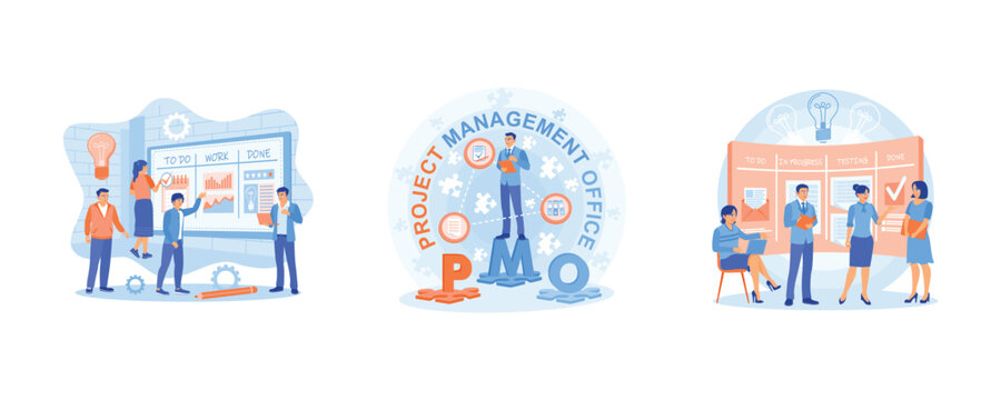 Teamwork communication process. Manager organizing work in the office. Moves the cards on the electronic Kanban task board. Project Management concept. Set flat vector illustration.