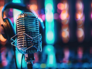 A vintage microphone stands ready against a backdrop of vibrant bokeh lights, capturing the essence of a live performance atmosphere. recording, sound, audio, live, studio, broadcast, stage, vocal