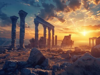 Ancient ruins bathed in the warm glow of a sunset, standing as a testament to a bygone civilizations glory. ruins, ancient, sunset, civilization, history, archaeology, columns, heritage, warm, glow