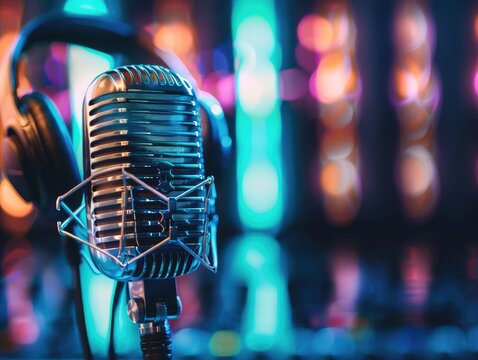 A vintage microphone stands ready against a backdrop of vibrant bokeh lights, capturing the essence of a live performance atmosphere. recording, sound, audio, live, studio, broadcast, stage, vocal